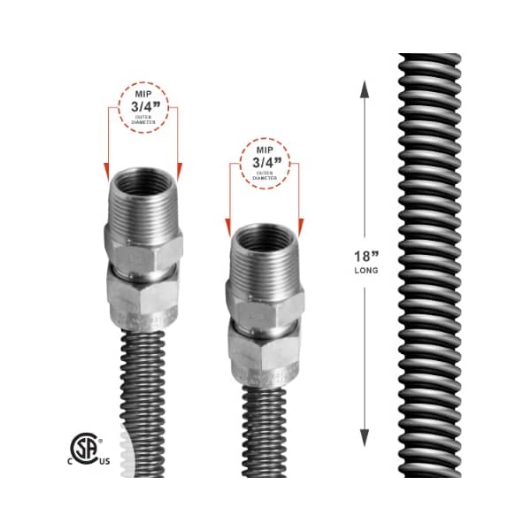 Gas Line Hose 5/8'' O.D. X 18'' Length With 3/4” MIP Fittings, Stainless Steel Flexible Connector